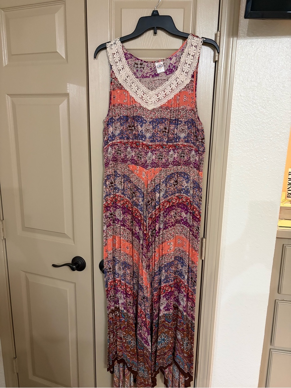 Bila Sleeveless Crochet-Trim Maxi Dress in Coral and Purple